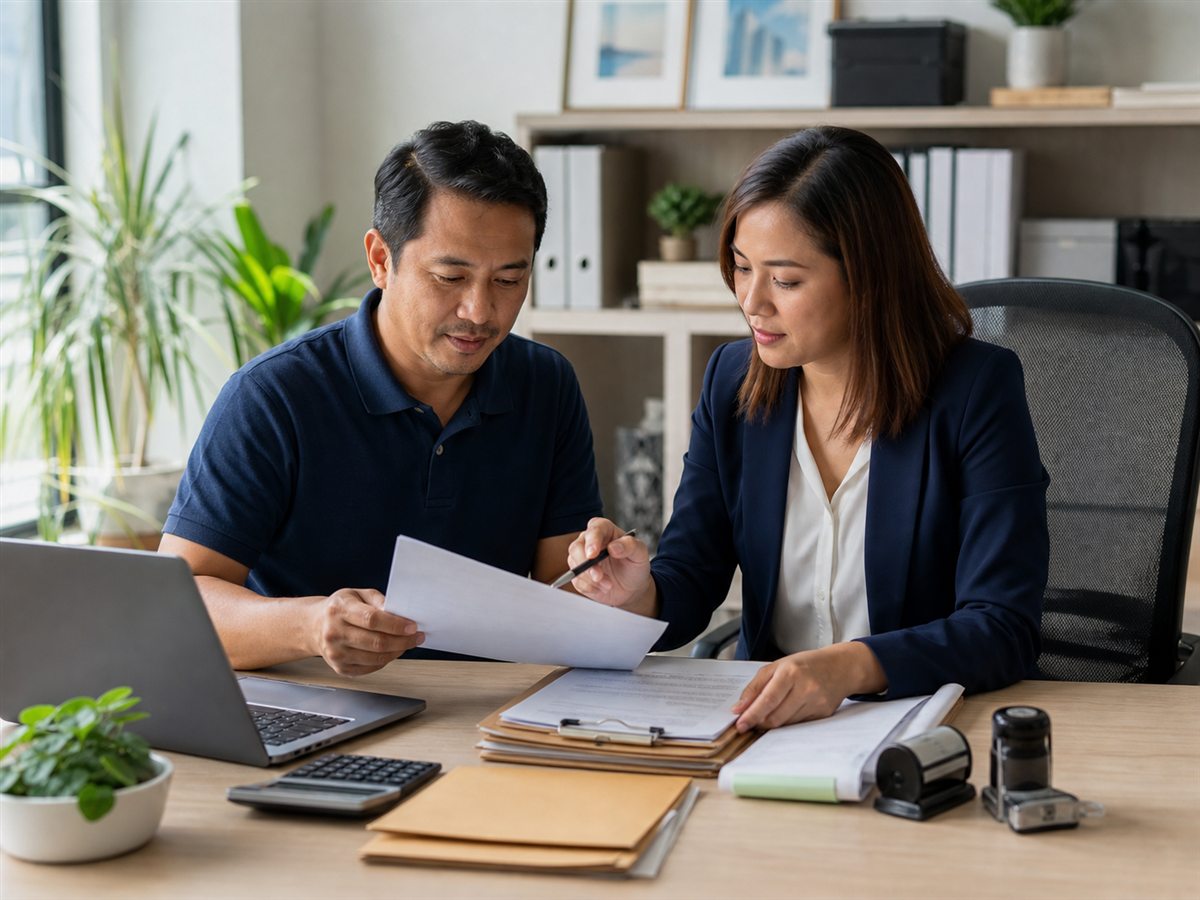 Business owner and consultant reviewing compliance documents