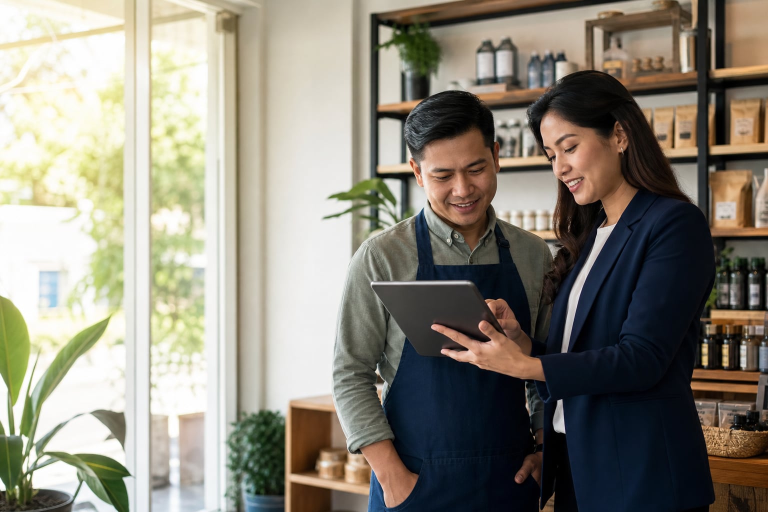 A Filipino business owner and consultant reviewing a digital business dashboard together